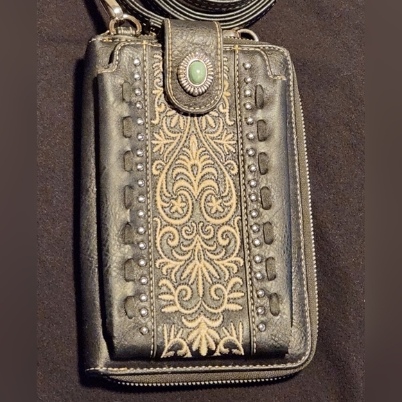 American Bling Black Faux Leather Studded Crossbody Phone Wallet Purse - Picture 1 of 10